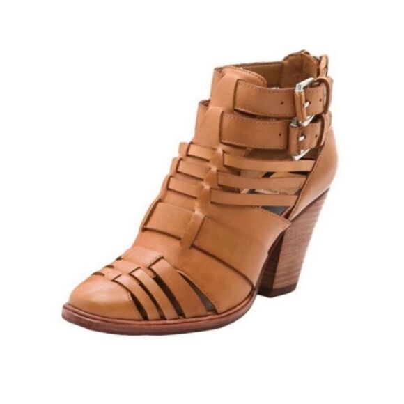 Dolce Vita Anthropologie Tan Brown Leather Helsa Caged Buckle Ankle Bootie 6.5 - Picture 1 of 12
